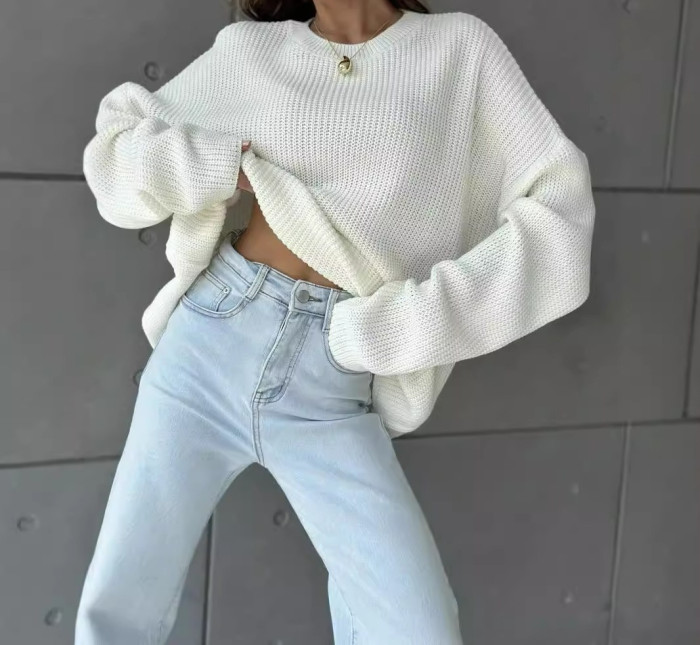 Women's Loose Plus Size Knitted Round Neck Long Sleeve Sweater