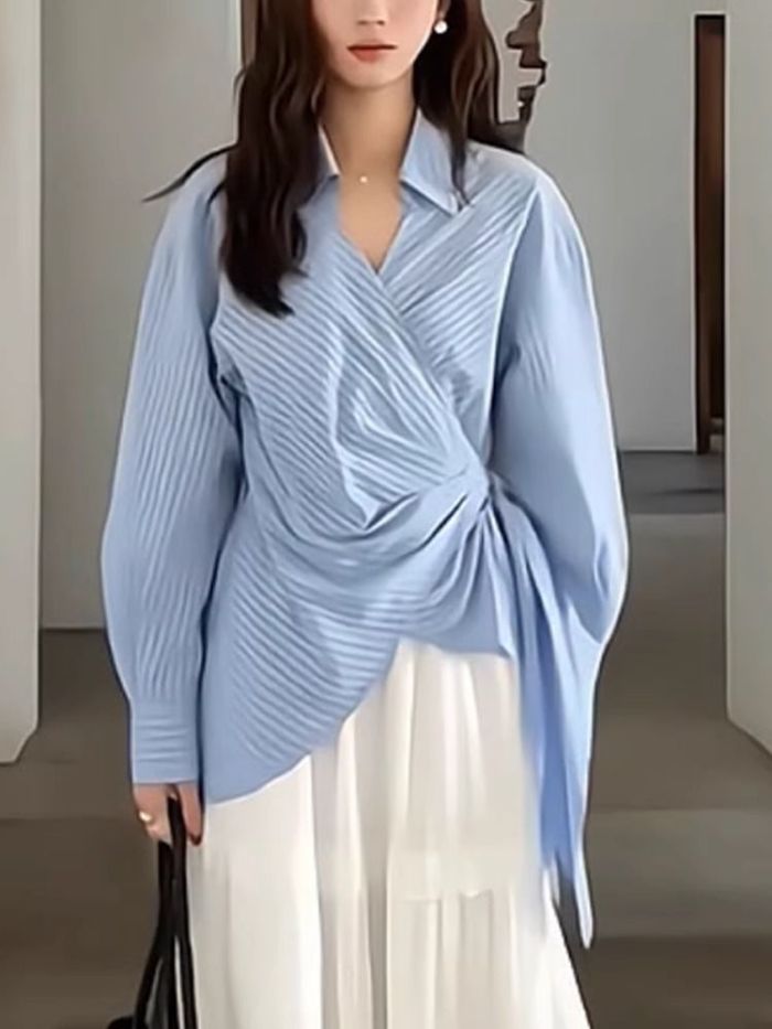 Women's Striped Side Strap Cross Waist Shirt Blouse