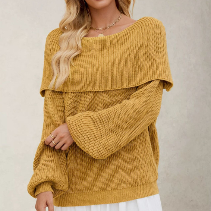 2025 New Autumn and Winter One-collar Sweater for Women Loose Pullover Sweater Slimming and Collarbone Sweater