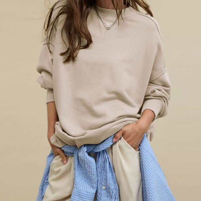 Solid Color Loose Sweatshirt Autumn and Winter Versatile Round Neck Personalized Women's Clothing