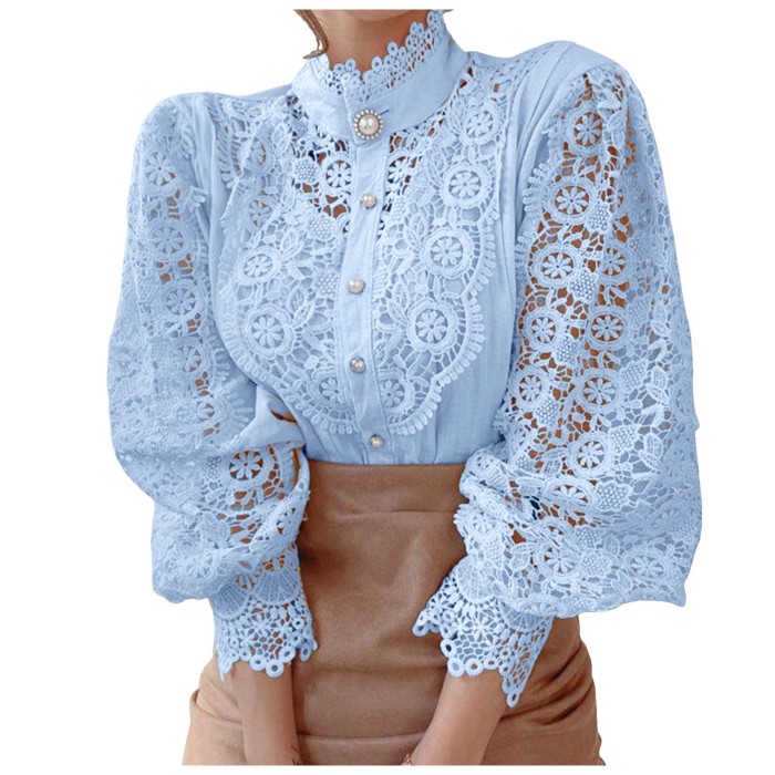 Women's Hollow Out Lace Shirt Elegant Embroidered Patchwork Long Sleeve Blouse