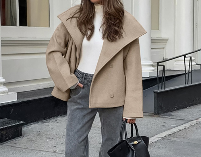 Winter Khaki Woolen Double Breasted Coat High-End Women's Clothing