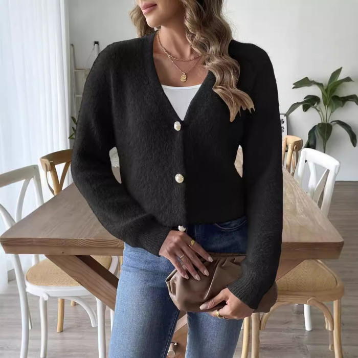Women's Coat Pearl Button Four-Button Sweater Cardigan
