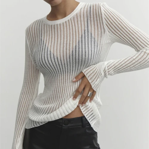 Women's White Striped See-through Long Sleeve Top