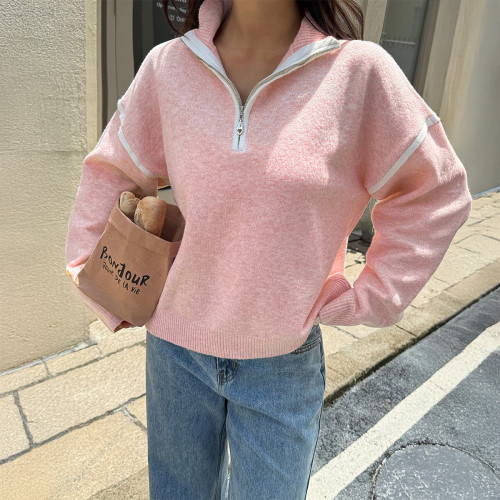 Women's Solid Color Long Sleeve Zipper Sweater Casual Minimalist Sweater