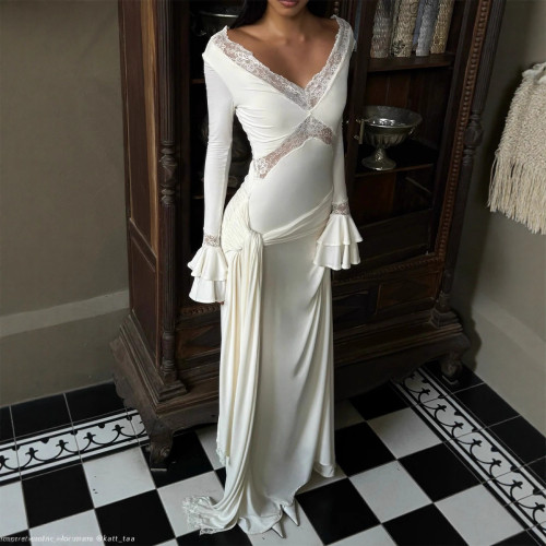 Women's Lace Sexy Long with Trumpet Sleeves and Tailored Splicing Dress
