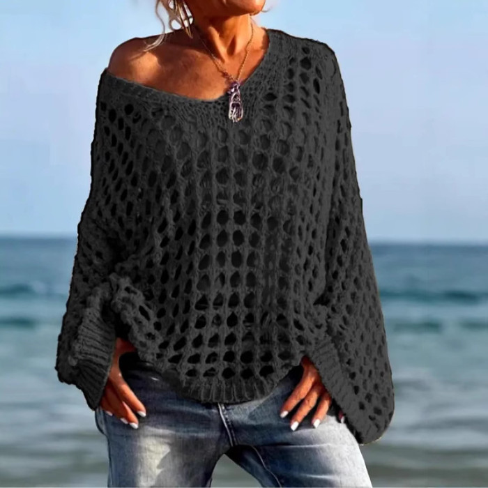 Women's Oversized V-Neck Knit Cardigan - Boho Chic Lace Crochet Sweater Coat