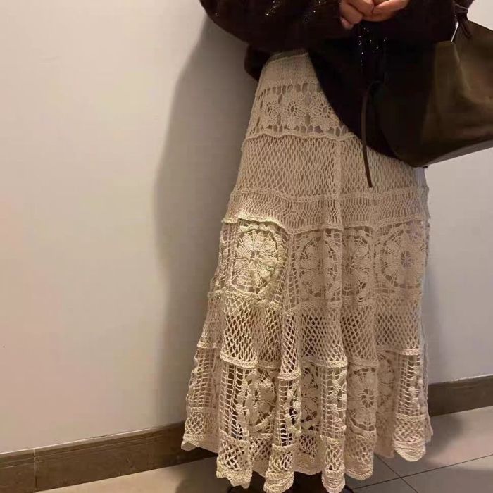 Women's Crochet Lace A-Line Long Skirt Retro Hollow Elastic Knitted Semi Skirt