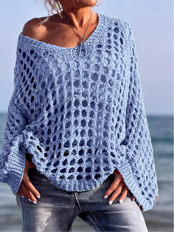 Women's Oversized V-Neck Knit Cardigan - Boho Chic Lace Crochet Sweater Coat