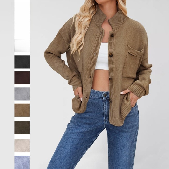 2025 Knitted Jacket Stand Collar Large Size Sweater Solid Color Cardigan Women's Clothing