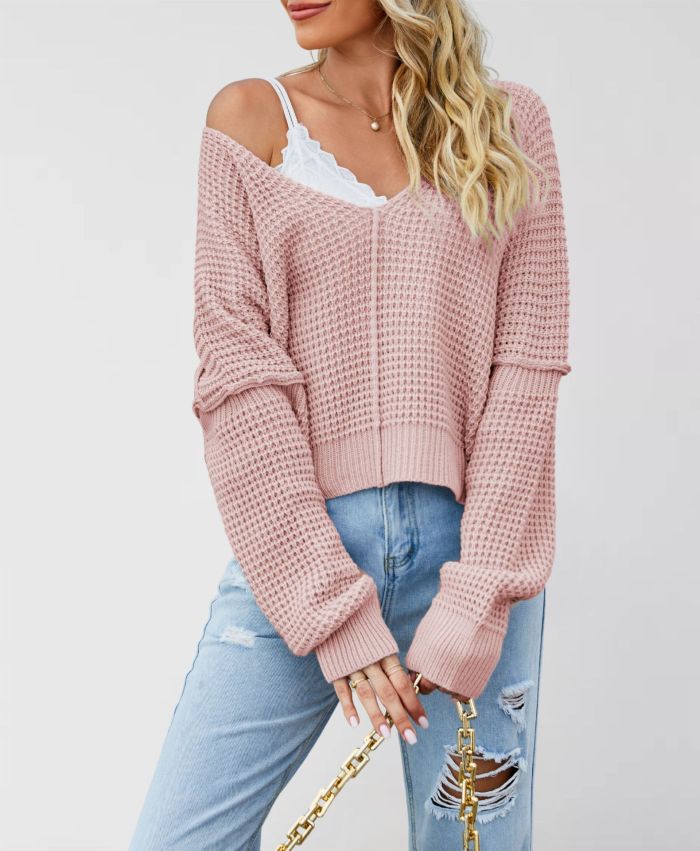 2025 Off-Shoulder Sweater - Oversized V-Neck Knit Top