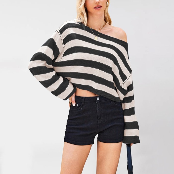 2025 Autumn and Winter Women's Pullover Sweater Striped Loose Short Knitted Sweater