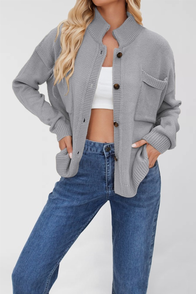 2025 Knitted Jacket Stand Collar Large Size Sweater Solid Color Cardigan Women's Clothing