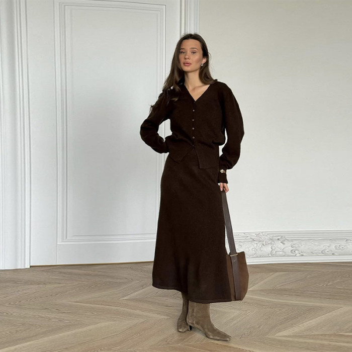 Women's Fashion V-Neck Casual Knitted Cardigan + Knitted Skirt Two-Piece Set
