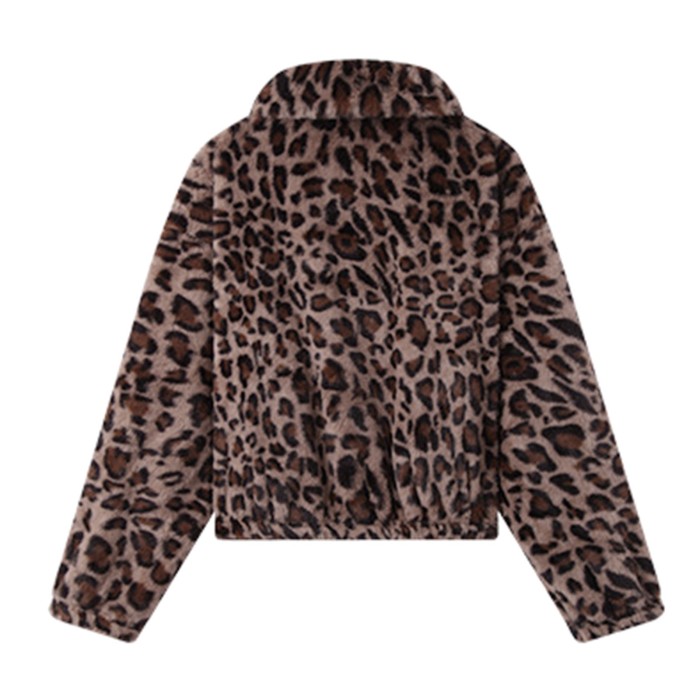 Women's Streetwear Leopard Print Bomber Jacket – Fuzzy Fleece Cropped Coat with Lapel & Long Sleeves