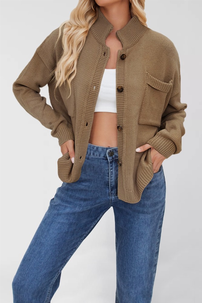 2025 Knitted Jacket Stand Collar Large Size Sweater Solid Color Cardigan Women's Clothing