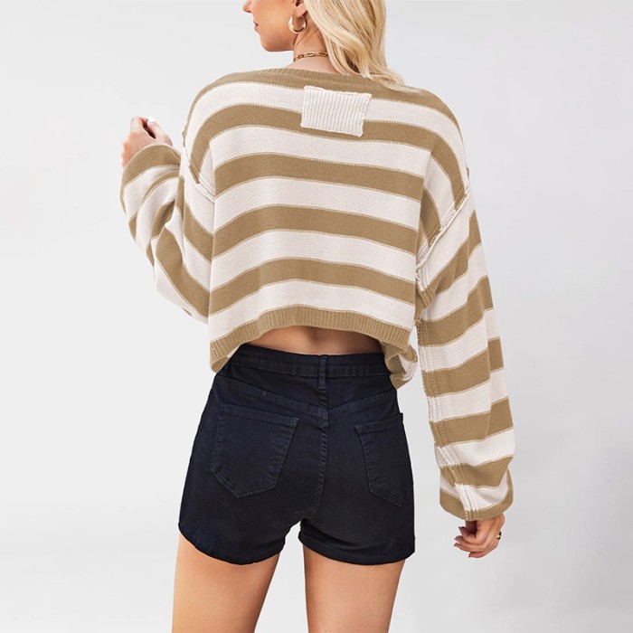 2025 Autumn and Winter Women's Pullover Sweater Striped Loose Short Knitted Sweater