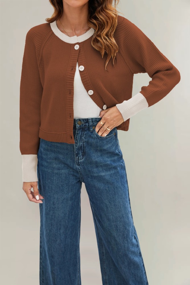 2025 Autumn and Winter New Fashion Round Neck Single Row Button Contrast Knitted Cardigan Jacket for Women