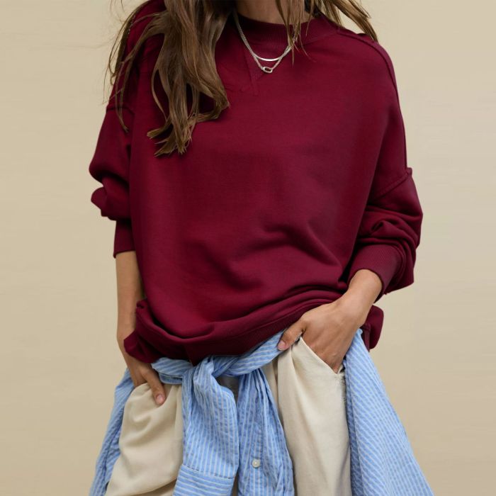 Solid Color Loose Sweatshirt Autumn and Winter Versatile Round Neck Personalized Women's Clothing