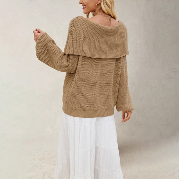 2025 New Autumn and Winter One-collar Sweater for Women Loose Pullover Sweater Slimming and Collarbone Sweater