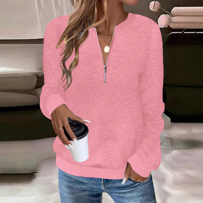 Women's Casual Solid Color Half-Zipper Long Sleeve Loose Sweatshirt
