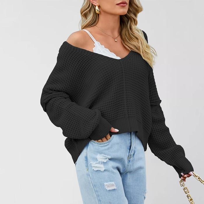 2025 Off-Shoulder Sweater - Oversized V-Neck Knit Top