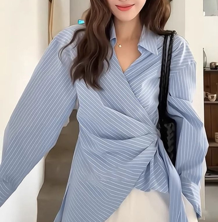 Women's Striped Side Strap Cross Waist Shirt Blouse