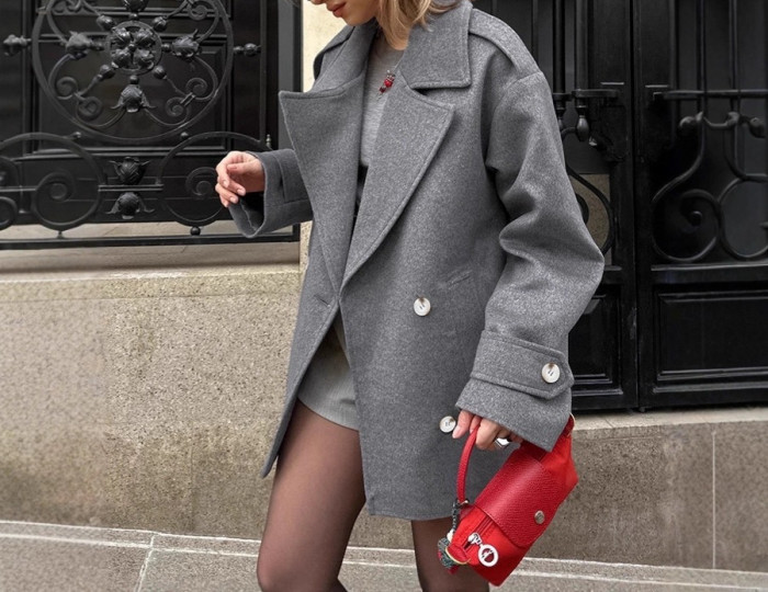 Grey Woolen Suit Jacket Autumn Elegant Loose Mid Length Coat Women's Clothing