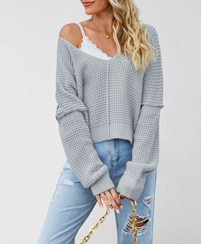 2025 Off-Shoulder Sweater - Oversized V-Neck Knit Top