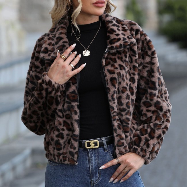 Women's Streetwear Leopard Print Bomber Jacket – Fuzzy Fleece Cropped Coat with Lapel & Long Sleeves