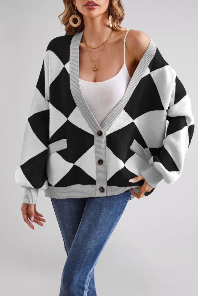 2025 Color Block Cardigan - Geometric V-Neck Knit Coat