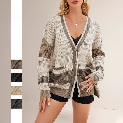 New Knitted Jacket V-neck Large-size Color-blocking Cardigan Sweater for Women