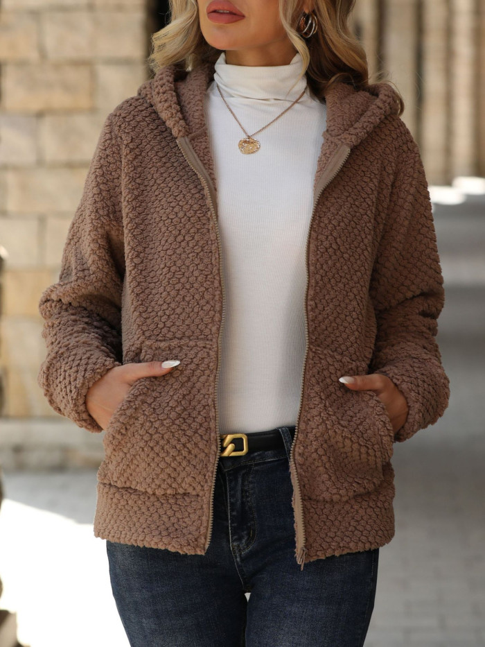 Women's Solid Color Fashion Casual Loose Hooded Zipper Plush Jacket