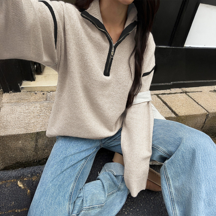 Women's Solid Color Long Sleeve Zipper Sweater Casual Minimalist Sweater