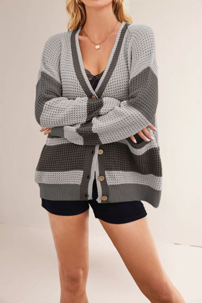 New Knitted Jacket V-neck Large-size Color-blocking Cardigan Sweater for Women