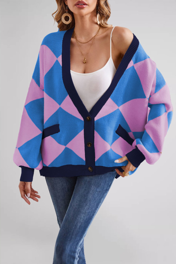 2025 Color Block Cardigan - Geometric V-Neck Knit Coat