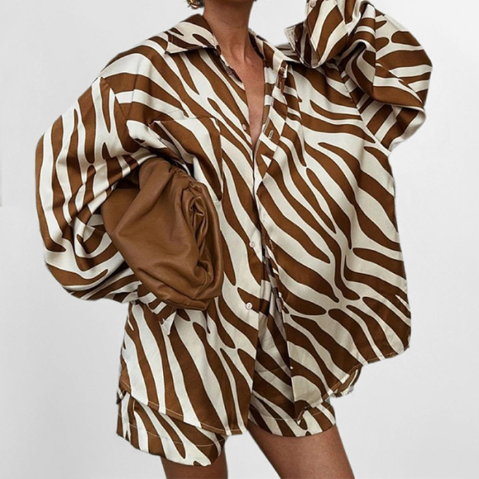 Women's Elegant Printed Blouse and Shorts Two-Piece Set