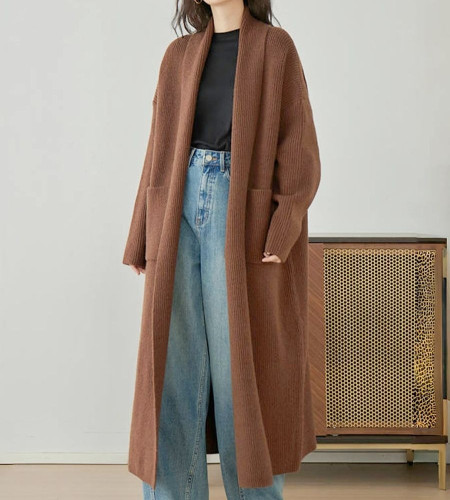 Women's Brown V-neck Long Knitted Cardigan Loose Thick Sweater Autumn and Winter