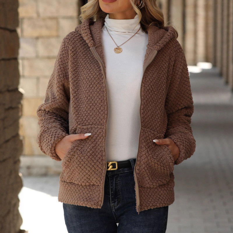 Women's Solid Color Fashion Casual Loose Hooded Zipper Plush Jacket