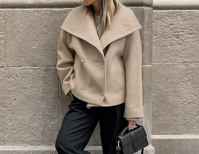 Winter Khaki Woolen Double Breasted Coat High-End Women's Clothing