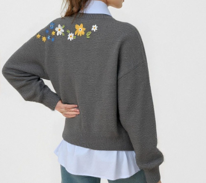 Women's Solid Color Sweater Autumn Cardigan Flower Embroidered Warm Knit Top