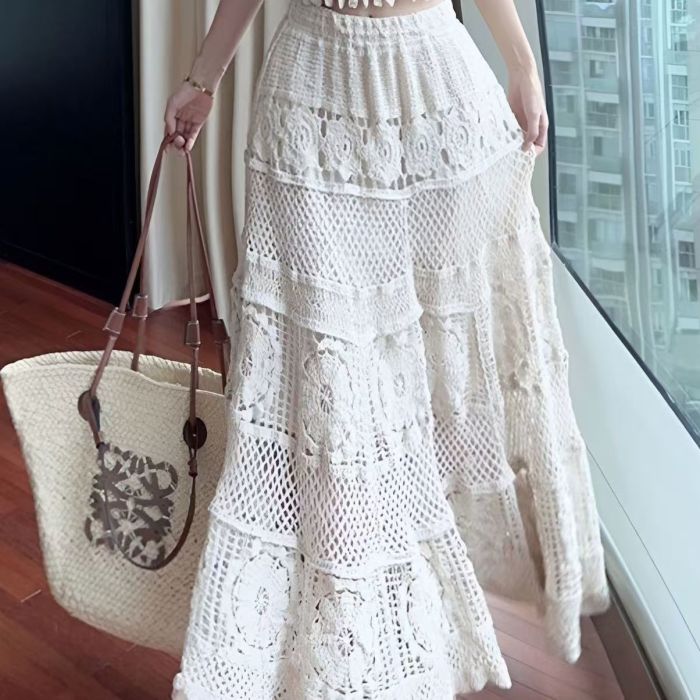 Women's Crochet Lace A-Line Long Skirt Retro Hollow Elastic Knitted Semi Skirt