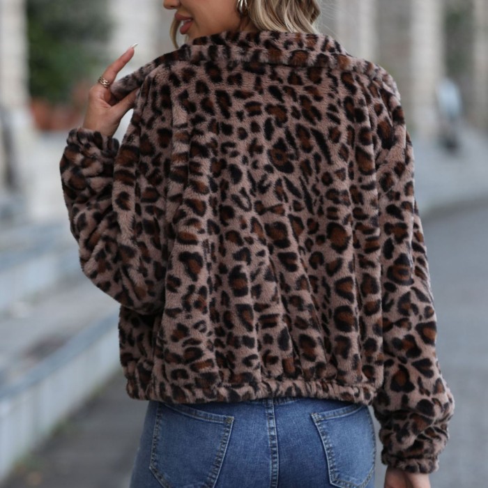 Women's Streetwear Leopard Print Bomber Jacket – Fuzzy Fleece Cropped Coat with Lapel & Long Sleeves