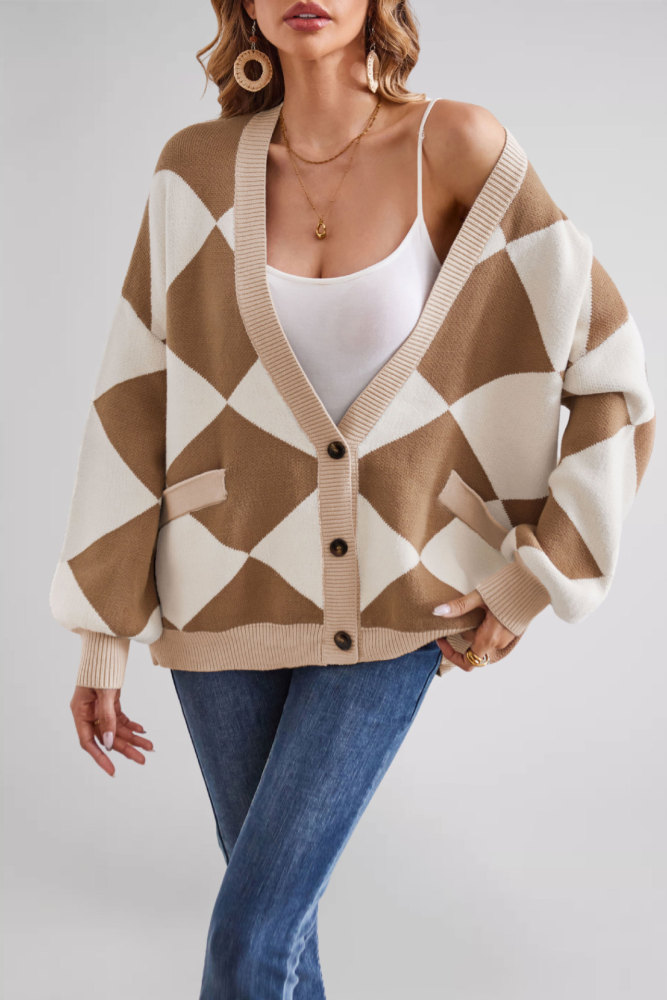 2025 Color Block Cardigan - Geometric V-Neck Knit Coat