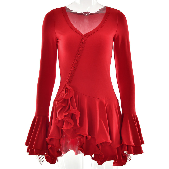 Women's Summer V-Neck Trumpet Sleeve Cake Dress