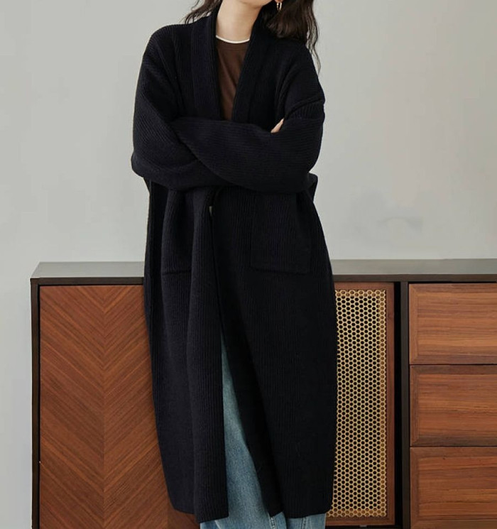 Women's Brown V-neck Long Knitted Cardigan Loose Thick Sweater Autumn and Winter