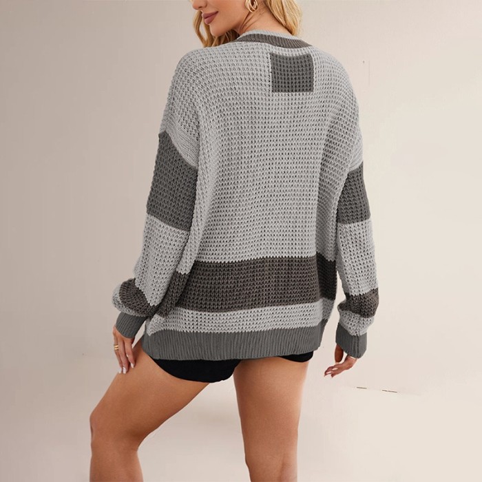 New Knitted Jacket V-neck Large-size Color-blocking Cardigan Sweater for Women