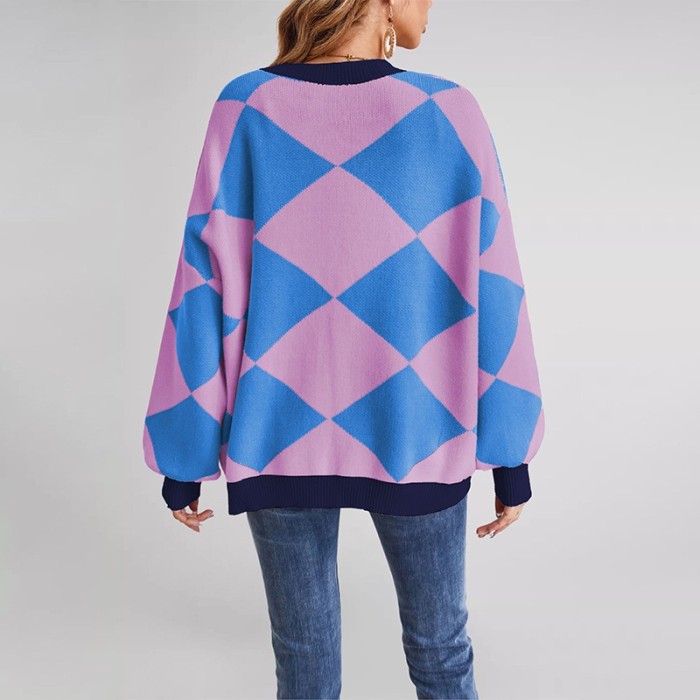 2025 Color Block Cardigan - Geometric V-Neck Knit Coat