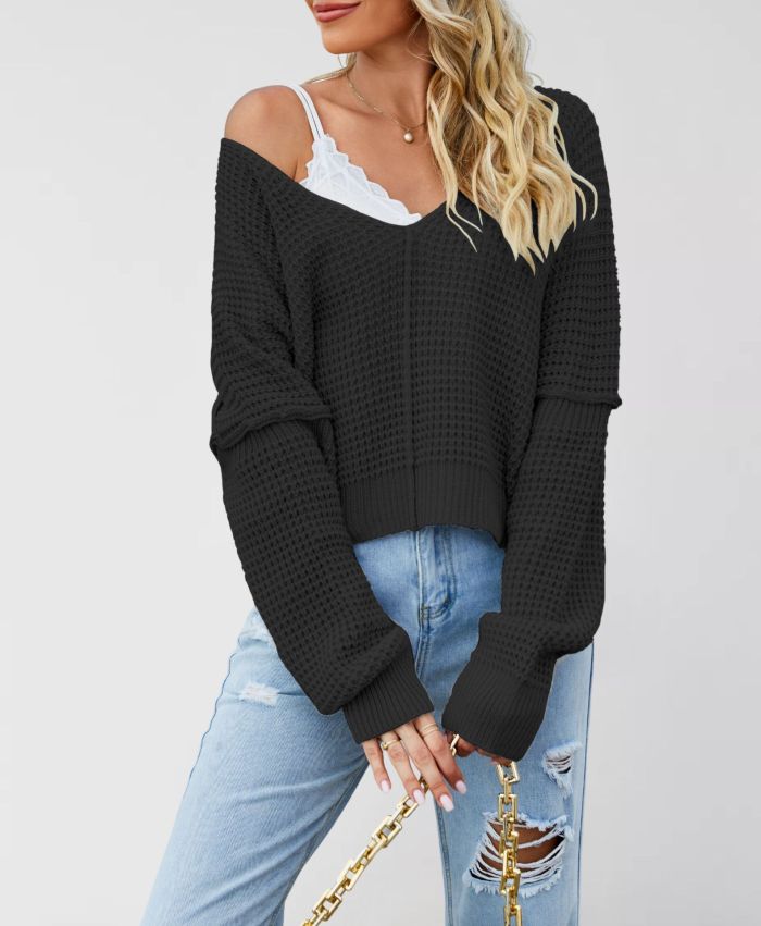2025 Off-Shoulder Sweater - Oversized V-Neck Knit Top