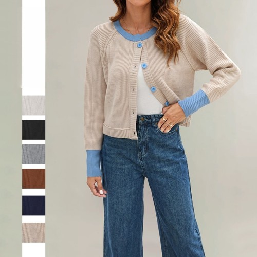 2025 Autumn and Winter New Fashion Round Neck Single Row Button Contrast Knitted Cardigan Jacket for Women